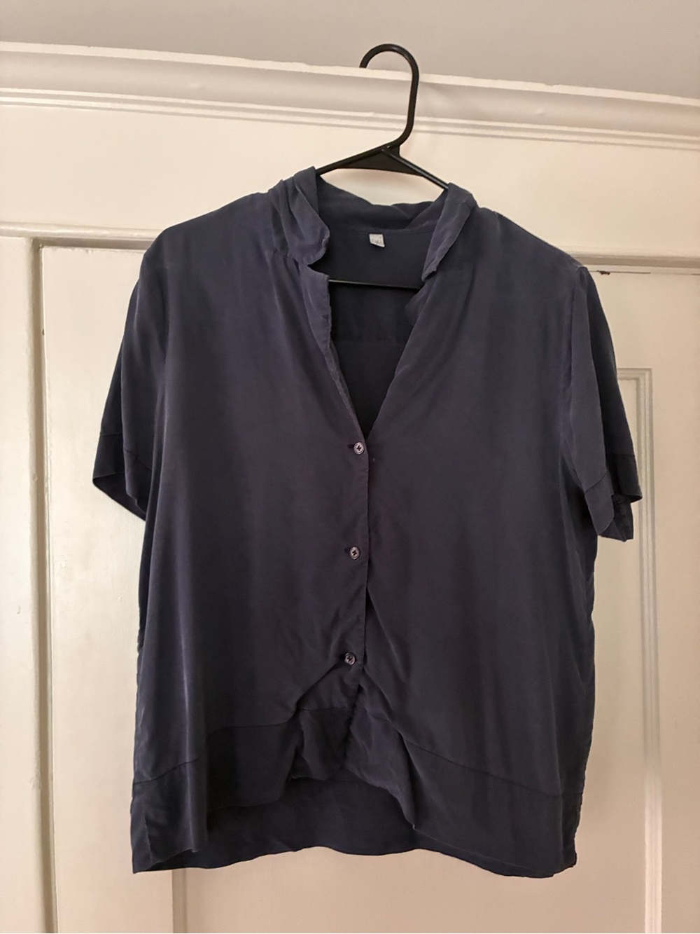 Silk Navy Short-Sleeve Button Front Top